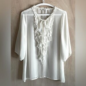 OLD NAVY Cream Sheer Ruffle Blouse–Romantic Dreamy Vibe 3/4 Sleeve Button Down M
